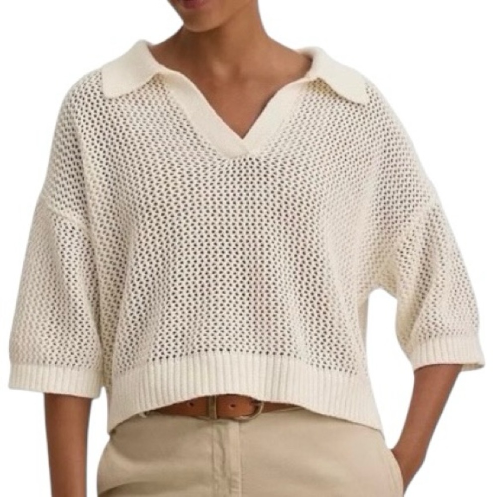 Velvet by G&S York Cotton & Cashmere Open Stitch Short Sleeve Polo Sweater